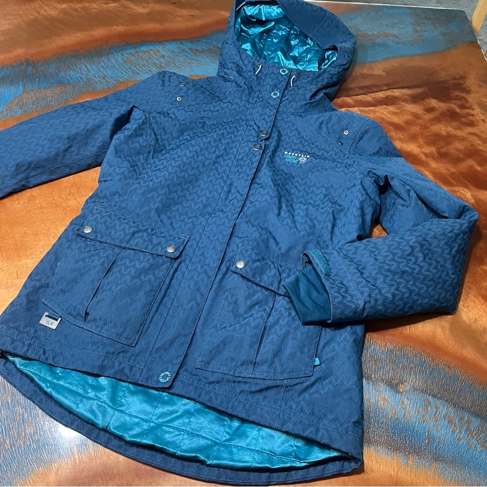 Mountain Hardwear Miss Snow it All Blue hooded winter Ski Jacket DryQ gaiter med - Picture 2 of 16